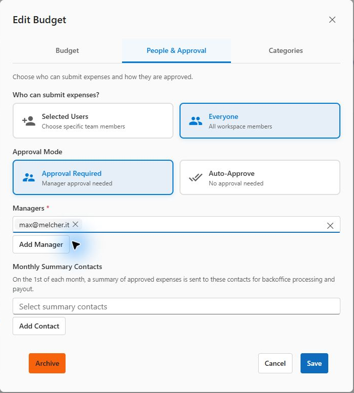 Figure 2 Approval Required with max@melcher.it selected as manager